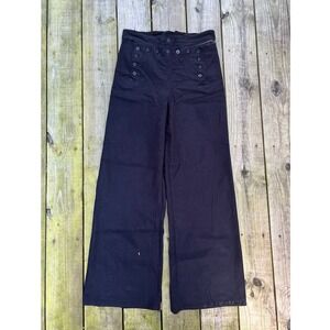 Vintage 70s Mens Navy Sailor Pants Button Front Lace Back Wide Leg Trousers Blue